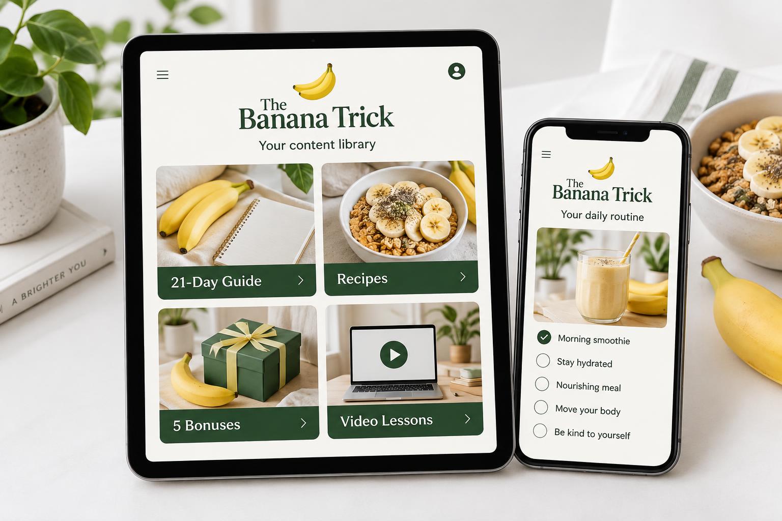 Illustrative concept of The Banana Trick app on a tablet and phone, showing the guide, recipes, bonuses and video lessons
