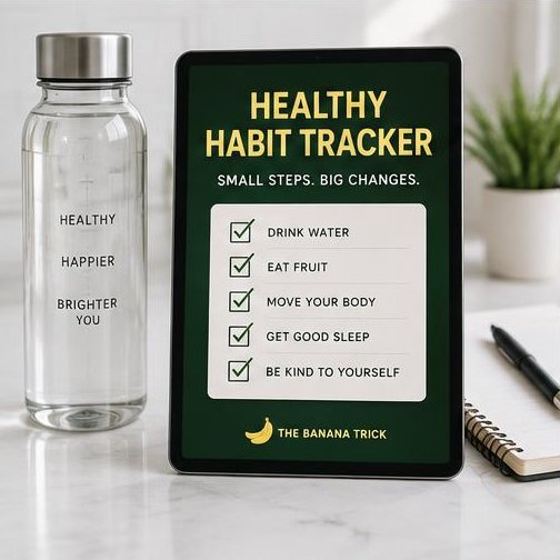 Illustrative cover for bonus 4: Healthy Habit Tracker, in The Banana Trick branding