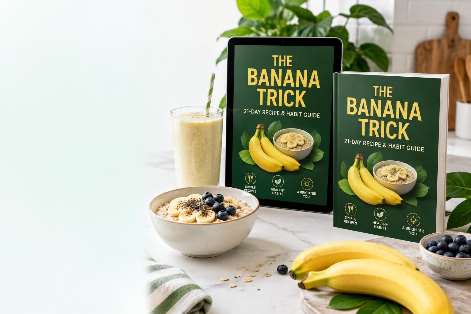 Illustrative presentation of The Banana Trick digital guide on a tablet, with bananas, a breakfast bowl and a smoothie